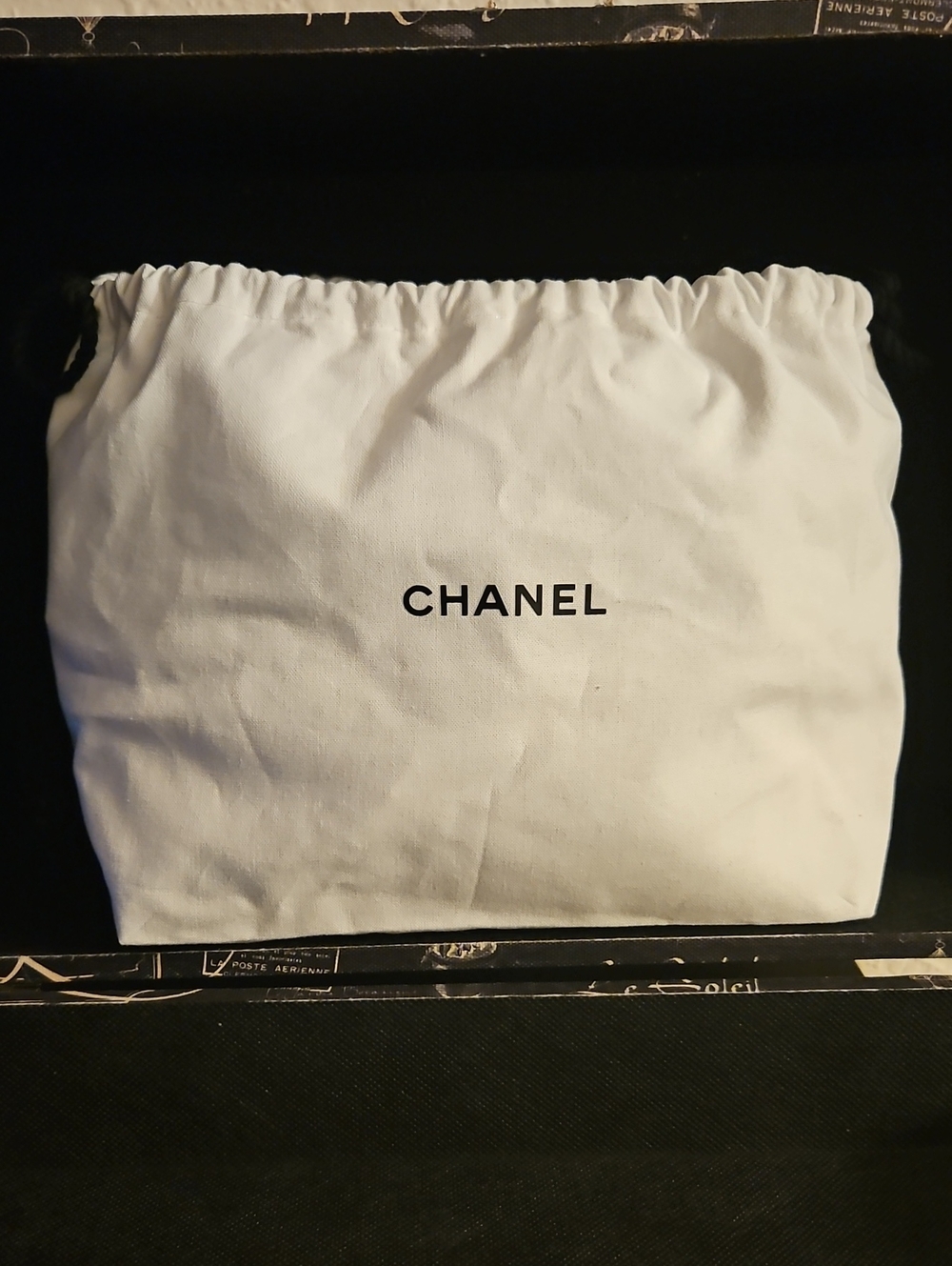 CHANEL White Cotton Drawstring Dust Bag with Black Logo